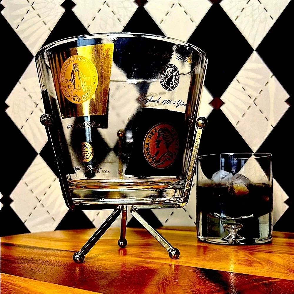 Vintage‎ MCM Cera Glass Ice Bucket with Stand– Gold/Black Coin Design